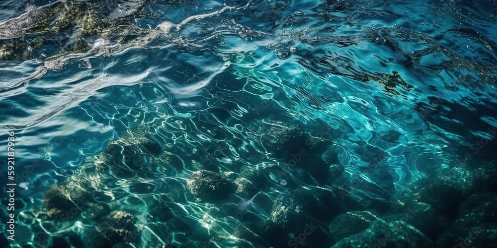 Poster view of the blue sea surface of the water.aerial view. panoramic shot. generative ai