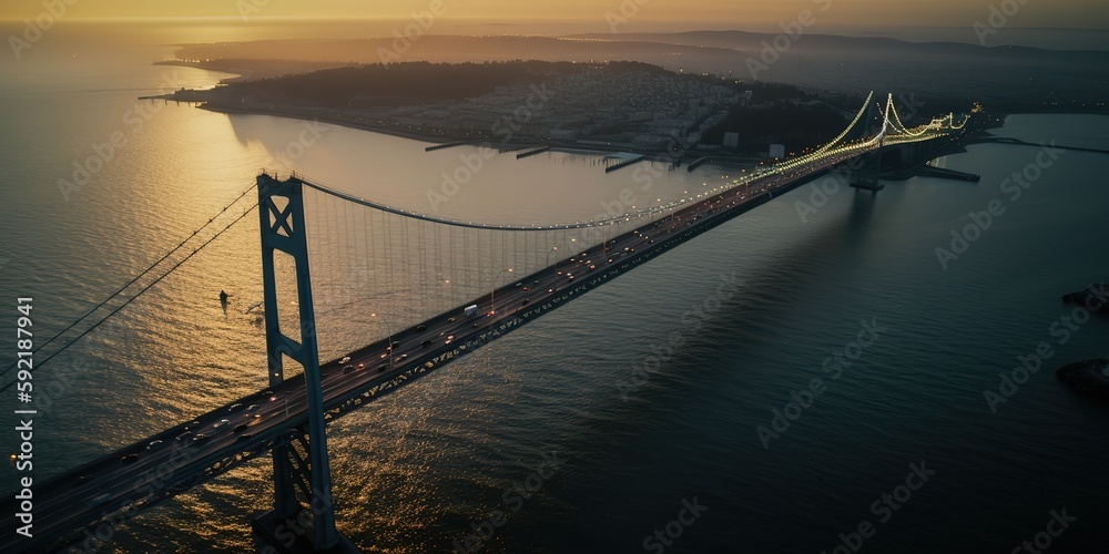 Poster View from the height of the bridge over the river.Aerial view. Panoramic shot. Generative AI