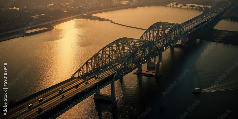 Poster View from the height of the bridge over the river.Aerial view. Panoramic shot. Generative AI
