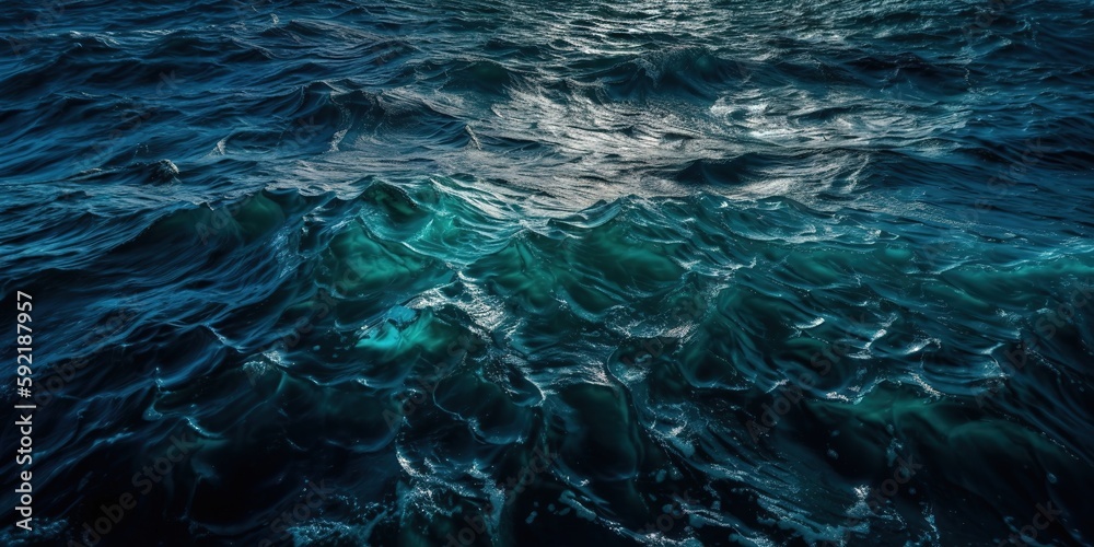Poster view of the blue sea surface of the water.aerial view. panoramic shot. generative ai