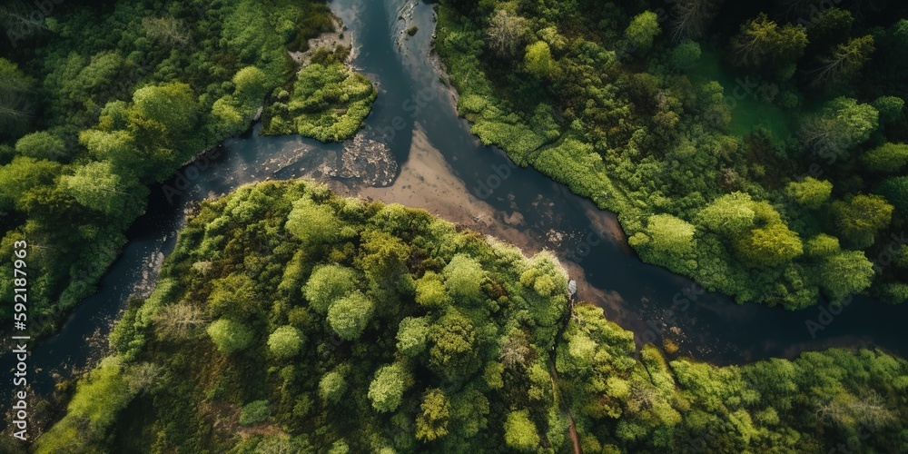 Poster View from the height of the forest and the river in the middle of the forest.Aerial view. Panoramic shot. Generative AI