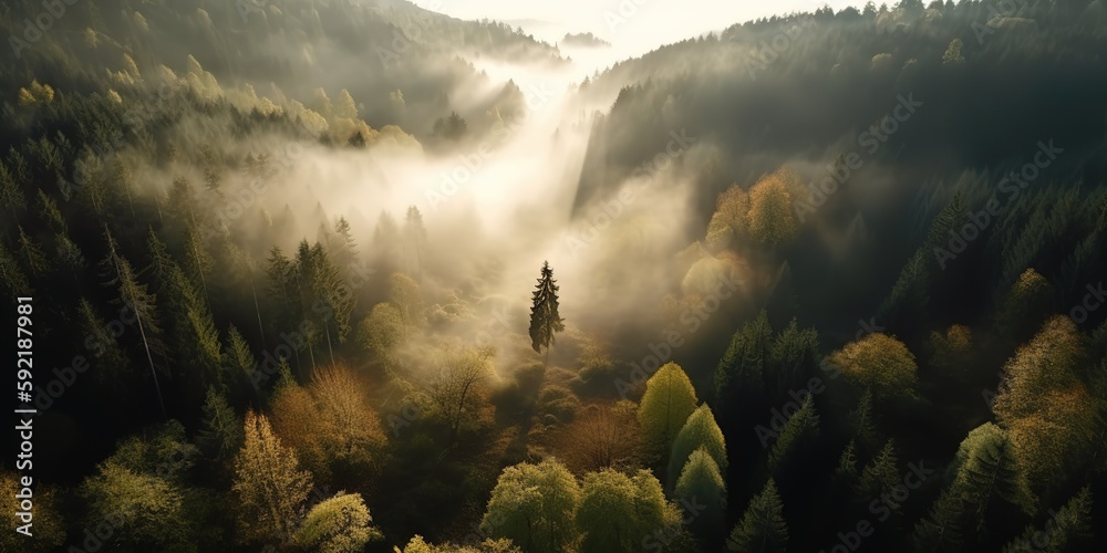 Poster View from the height of the forest in the fog.Aerial view. Panoramic shot. Generative AI
