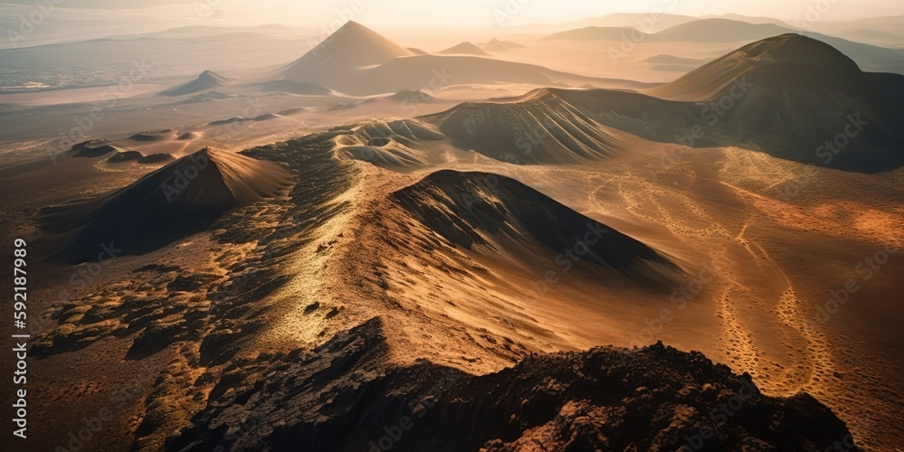Poster View from the height of the desert in sunny. Aerial view. Panoramic shot. Generative AI