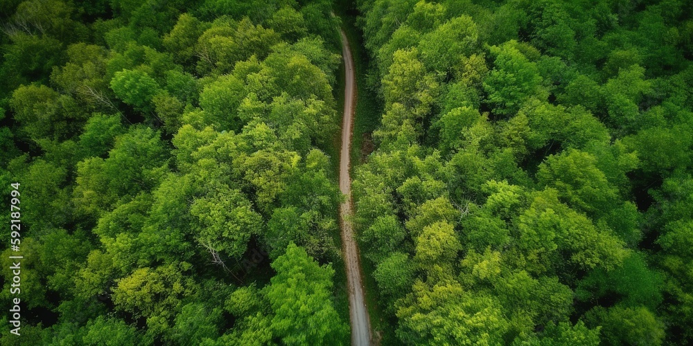 Poster bird's-eye view of the road in the middle of the forest.aerial view. panoramic shot. generative ai