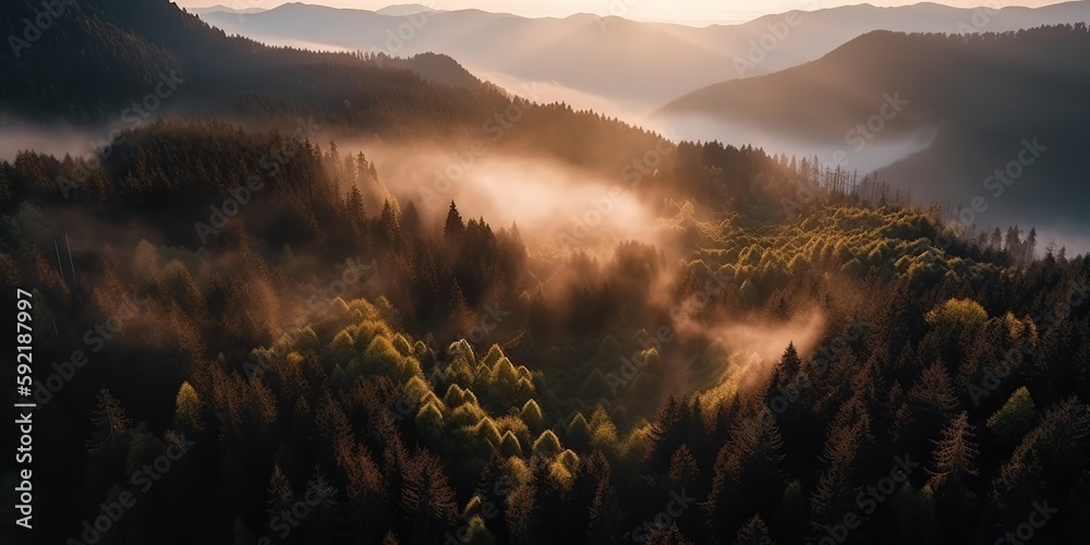 Poster View from the height of the forest in the fog.Aerial view. Panoramic shot. Generative AI
