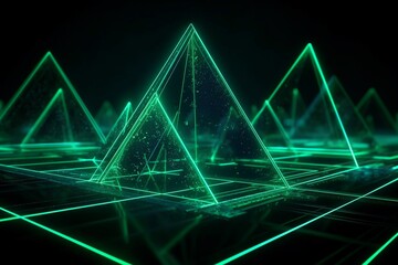 추상적인 초록 사각뿔 네온 배경. 인공지능 생성 