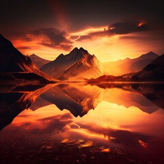 a breathtaking sunset over a majestic mountain landscape. The warm golden hues of the sky are reflected in the glittering water of a nearby lake