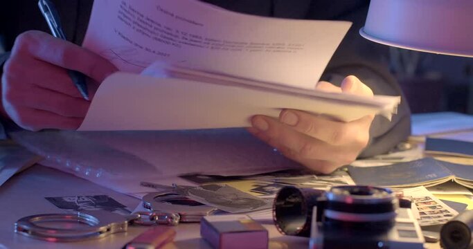 Analysis of paper documents at the table by the hands of the investigator. He leafs through the documents with his hands, makes a note. Handcuffs, camera in bokeh. CZ, Kladno, Polska, 8.3.23