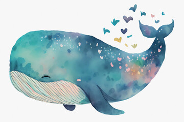 Watercolor cute whale drawing. Generative ai design.