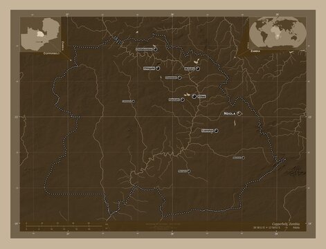 Copperbelt, Zambia. Sepia. Labelled points of cities