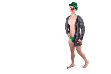 Happy guy. Attractive man in a clown costume. White background.	