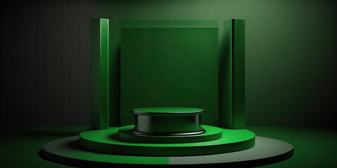 Realistic 3D green theme podium for product display. Created with Generative AI Technology