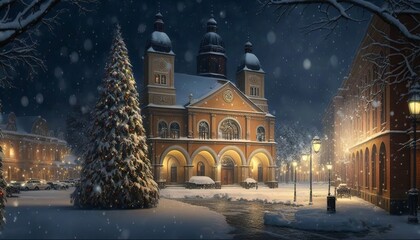 Snowy city square with buildings, street and christmas decorations. Generative AI