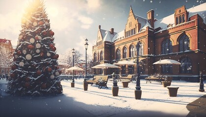Snowy city square with buildings, street and christmas decorations. Generative AI