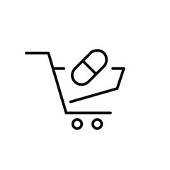 Pill in a shopping cart. Pharmacy icon. Pixel perfect, editable stroke