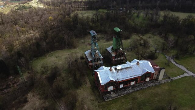 Shot of the towering structures of the Gabriela coal mine, now closed, near Karviná.