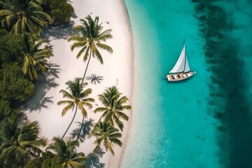 Aerial drone footage taken above Panama's San Blas Islands shows a sailing yacht anchored in clear water near to a pristine white sand beach on a distant tropical island covered in lush palm trees