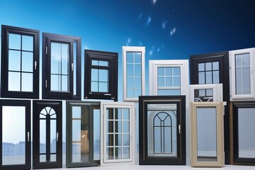 Various Styles and Colors of UPVC and Aluminum Windows, Glass Material, Dark and White, Generated by AI