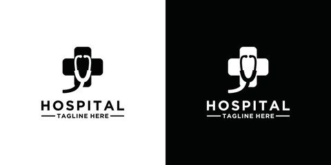 Hospital Logo. House with Plus Sign and stethoscope Combination isolated on black and white Background. Flat Vector Logo Design Element for Health and Medical Logo.