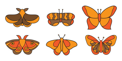 Orange butterflies in flat style, vector doodle elements for textile design, scrapbooking and stickers.