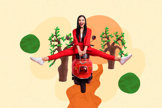Creative contemporary abstract photo collage of positive excited woman wear red suit riding scooter isolated on painted background