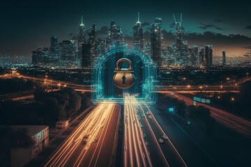 Glowing padlock hologram over nightly heavy traffic in Southeast Asian city of Bangkok. the idea of using cyber security to safeguard businesses. two fold exposure