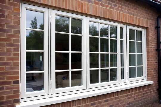 White uPVC casement windows on a red brick house wall for home renovation and residential property maintenance