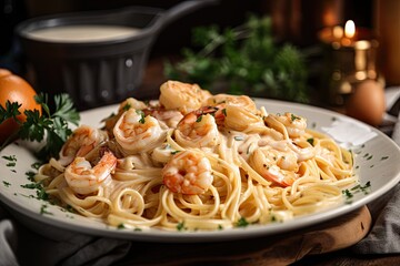 simple yet delicious plate of spaghetti with shrimp and creamy garlic sauce, created with generative ai - obrazy, fototapety, plakaty