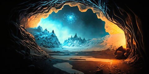 Fototapeta na wymiar fantasy landscape, anime, glacier cave, ice, generative ai, generative, ai