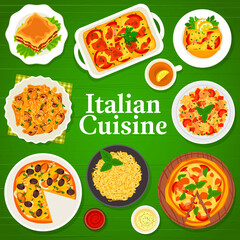 Italian cuisine menu cover with pasta, pizza and risotto, Italy restaurant dishes and meals. Italian cuisine traditional gourmet food, seafood pizza Marinara, stuffed cannelloni pasta and lasagna
