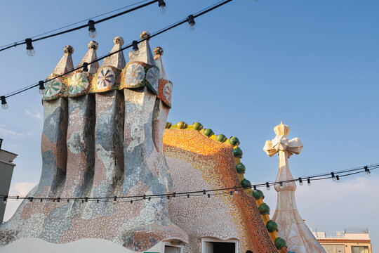 Barcelona, Spain - august 2022: Interior of Famous Casa Batllo in Barcelona - Detail of the Chimney on the Roof, Spain