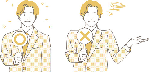 ○と☓のカードを持つビジネスマン-モノクロ