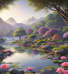 Sunrise over a zen garden, pond with water lilies and lotus flowers, Generative AI Art Illustration 07