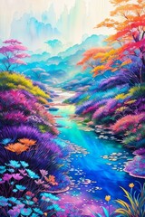 Fototapeta na wymiar Tropical island, river, fairytale forest, bright watercolor, Generative AI Art Illustration 05