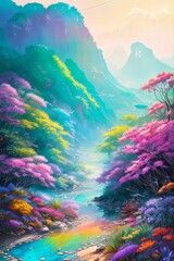 Fototapeta na wymiar Tropical island, river, fairytale forest, bright watercolor, Generative AI Art Illustration 04