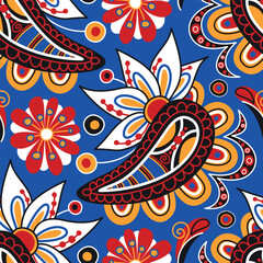 Folkloric Seamless Pattern with  Paisley Indian Cucumber, Nature Inspired Design Element. Ornate Abstract Floral Pattern. Endless Texture for Fabric, Wallpaper etc. Vector Illustration