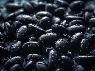 Fresh bunch of black beans seamless background, adorned with glistening droplets of water