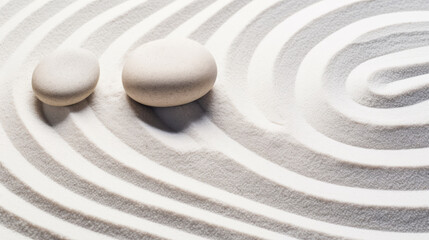 Fototapeta na wymiar Japanese Zen garden stones on white sand. Generative AI