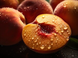 Fototapeta na wymiar Fresh bunch of Peach seamless background, adorned with glistening droplets of water