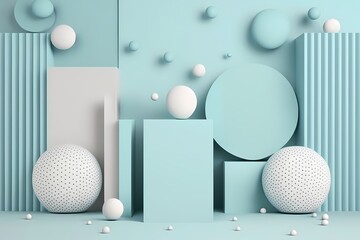 Minimal scene with podium and abstract background. Pastel blue and white colors scene. Trendy 3d render for social media banners, promotion, cosmetic product show. Geometric shapes interior 