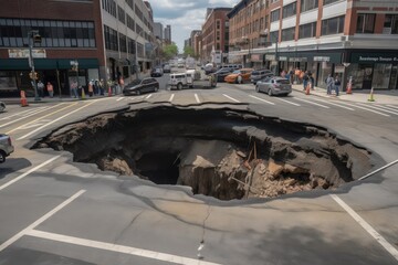 sinkhole that opened up in the middle of a busy traffic intersection, created with generative ai