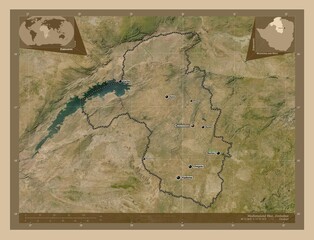 Mashonaland West, Zimbabwe. Low-res satellite. Labelled points of cities