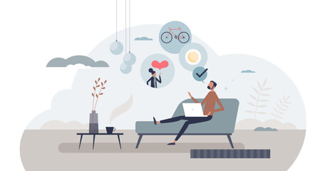 Benefits and challenges of remote work and distance job tiny person concept, transparent background. Time management pros and cons with private life or relationship balance with business illustration.