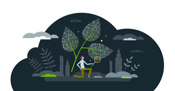 Biomimicry or biomimetics as nature elements imitation tiny person concept, transparent background. Models, systems or materials usage from natural matter to human innovation illustration.