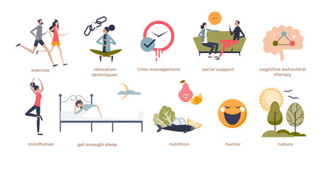 Stress management techniques and anxiety treatment tiny person collection set, transparent background.List with elements for calm, happy and mindful lifestyle illustration.