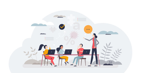 Personalized learning and adaptive education system tiny person concept, transparent background. Knowledge training with focus on kids pace and ability to learn illustration.