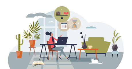 Benefits and challenges of remote work time management tiny person concept, transparent background. Scale with pros and cons for working from home and office or private life.
