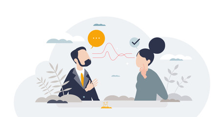 Active listening and speech hearing communication skills tiny person concept, transparent background. Couple conversation with soft skills and ability to understand info illustration. - obrazy, fototapety, plakaty