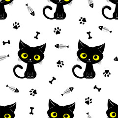 Seamless pattern of a cute black cats, bone and animal's paws. Vector illustration on a white background. Scandinavian cartoon style flat design. Concept for children print.