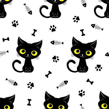 Seamless pattern of a cute black cats, bone and animal's paws. Vector illustration on a white background. Scandinavian cartoon style flat design. Concept for children print.